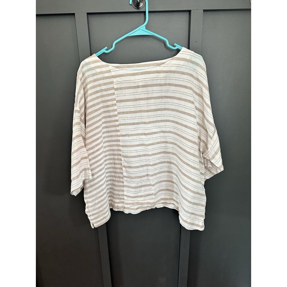 Pure J Jill Women’s Medium Top - 3/4 Sleeve Tan And White Stripe 100% Linen